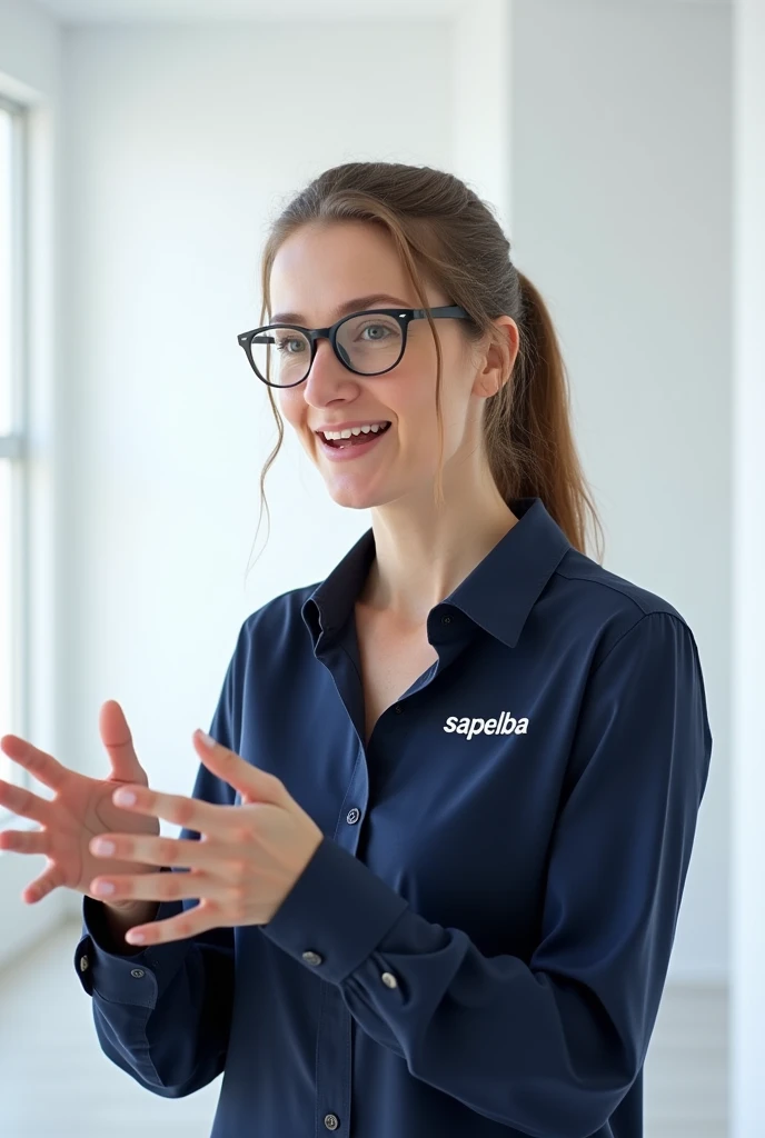 A woman teaching a tutorial in a white room wearing glasses and a ponytail, with a navy blue blouse and with the name written on the right side of the chest "Sapelba"