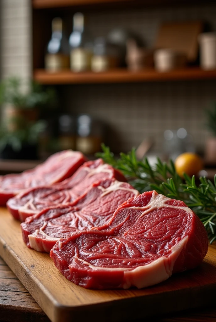 Ostrich meat at the La Fortuna butcher shop.
Juicy steaks on a board