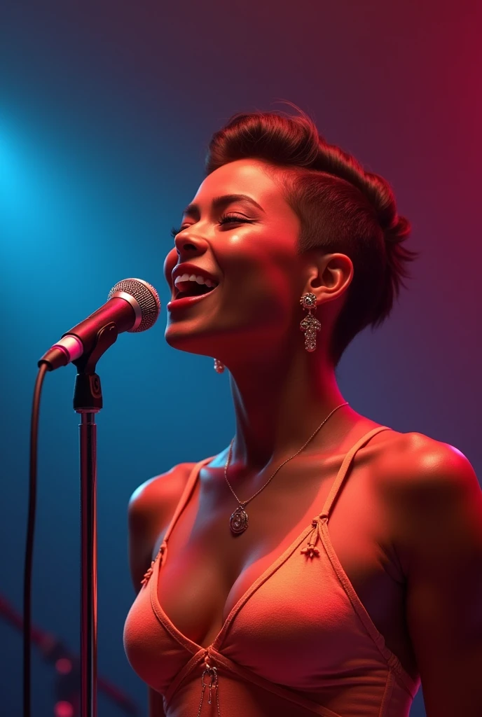 Belle jeune fille au teint noir bronsé, de 24 ans . artiste musicien , une coiffure tapers dégradé, le micro de face qui chante avec rythme ,une chanson RnB/pop