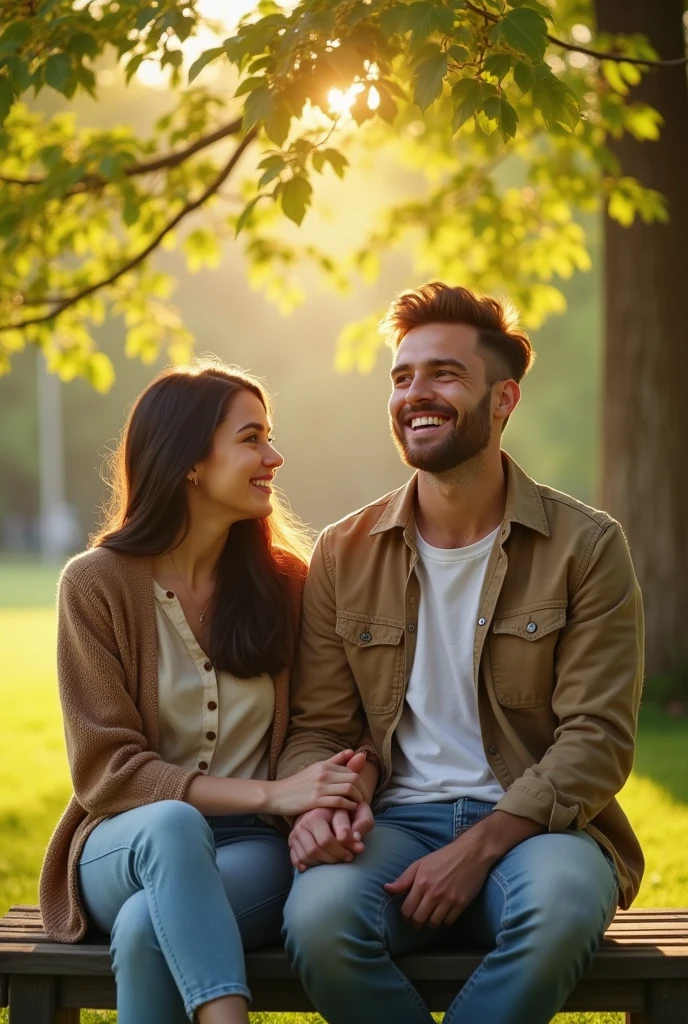 (masterpiece, Best Quality, High resolution: 1.2), (photorealistic: 1.2), (Bright and warm: 1.3), a smiling and happy young couple, Captured in a park on a sunny day. They are sitting together on a bench under a leafy tree, surrounded by a green and flourishing landscape. They both look directly at the camera, smiling warmly and showing a deep connection. Sunlight passes through the leaves, creating a soft and warm play of light and shadow in the scene. They hold hands, transmitting love and satisfaction on their faces. The atmosphere is serene and cheerful., with bright colors that highlight the vitality of the moment. The camera captures the scene in sharp focus, highlighting the details of your clothes, the textures of the environment, and the sparkle in his eyes, symbolizing a full and balanced life.