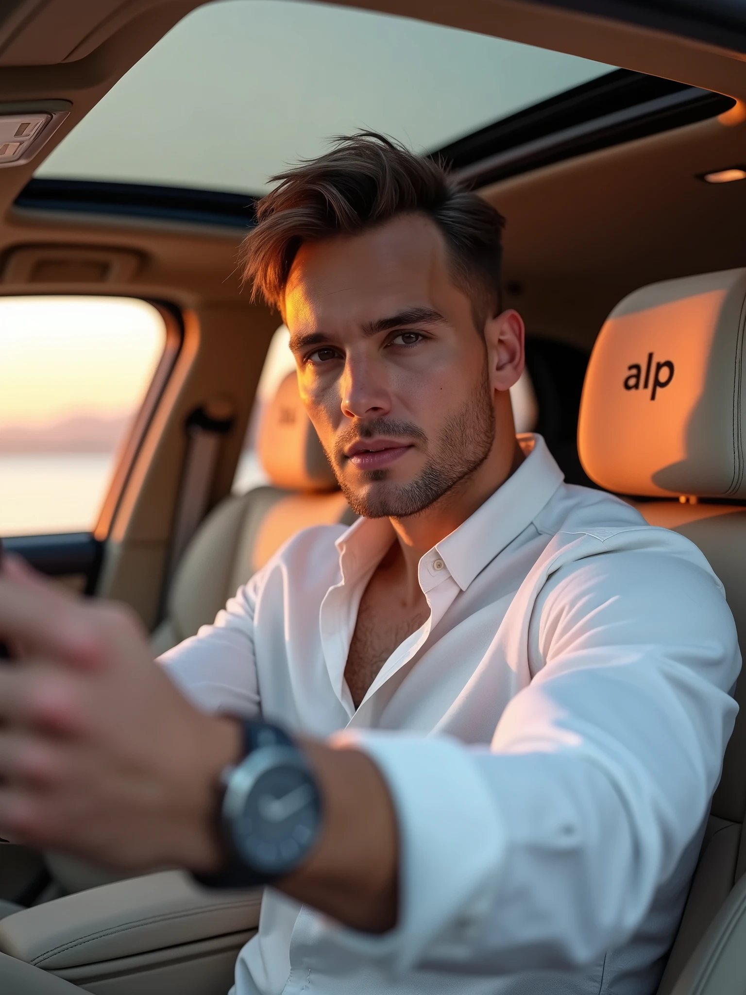 Hyperrealistic selfie of ((André, 1Male, 36-40 years old)), (realistic, photorealistic:1.37), ((brown hair:0.6)), ((short hair)), ((straight hair)) , ((magnificent pair of brown eyes: 0.6)), intricate details, perfect muscular body structure, fair and tanned skin, wearing a modern and sophisticated long-sleeved white linen shirt and a modern and sophisticated watch. Camera view at 3/4 angle (45 degrees). Calm expression expressing deep gratitude. Holding cell phone in left hand for a side selfie. Focus on André with a selfie perspective, panoramic sunroof, interior design and sports seats in beige synthetic leather with the initials “ALP” embroidered on the headrest. Natural light with magnificent pink-orange sunsets. External environment. Infinity"