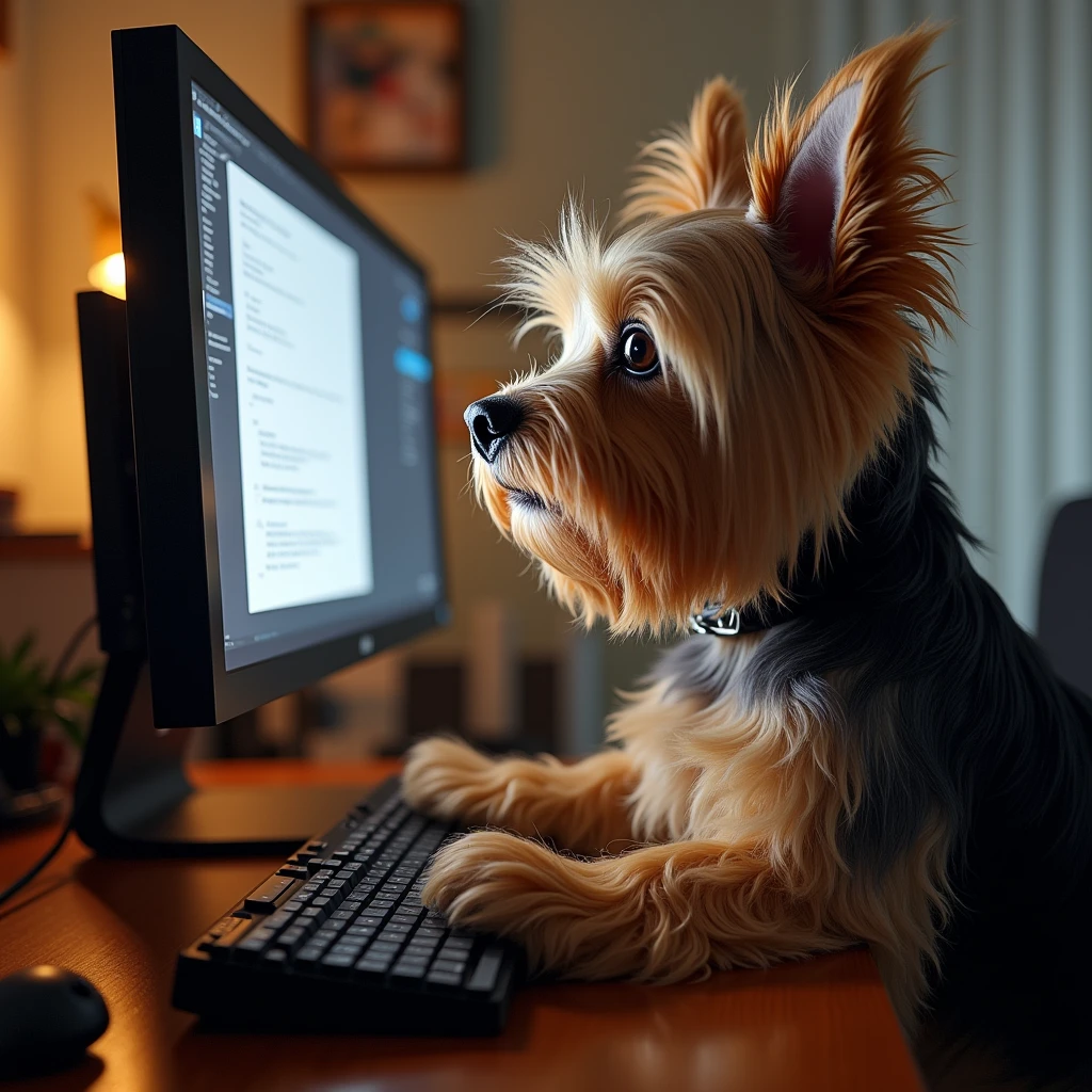 Make a Yorkshire Terrier that looks at a computer monitor and types something on a keyboard