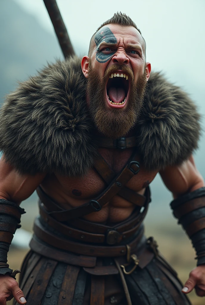 Realistic Viking warrior screaming with teeth bared with a Norse tattoo around his eye and with his eyes open