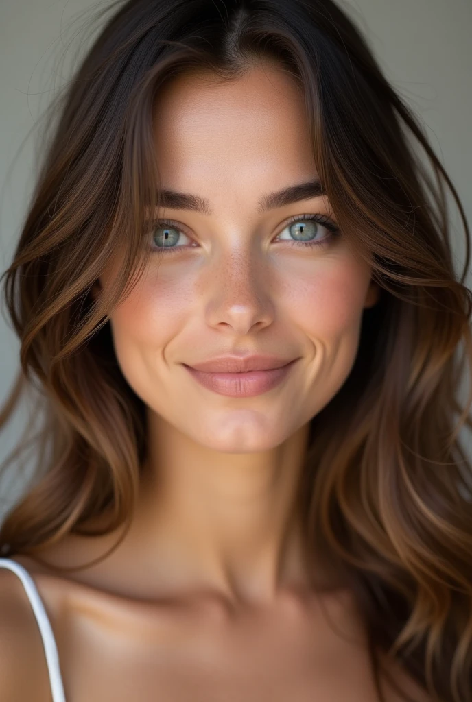 Create a close-up portrait of a 20-year-old brunette female model with a neutral-toned background. The model should have full lips, blue eyes, and clear skin with a healthy glow. Her hair should appear natural, flowing loosely and slightly tousled, with subtle highlights to give it dimension and life. The lighting should emphasize the details, especially around the eyes and lips, creating a soft and serene ambiance. The facial expression should be relaxed and confident, capturing a sense of elegance and approachability. Ensure the focus is sharply on the subject’s face and features, with a natural look without heavy makeup. The overall image should reflect a modern, stylish, and aspirational vibe suitable for an Instagram influencer.