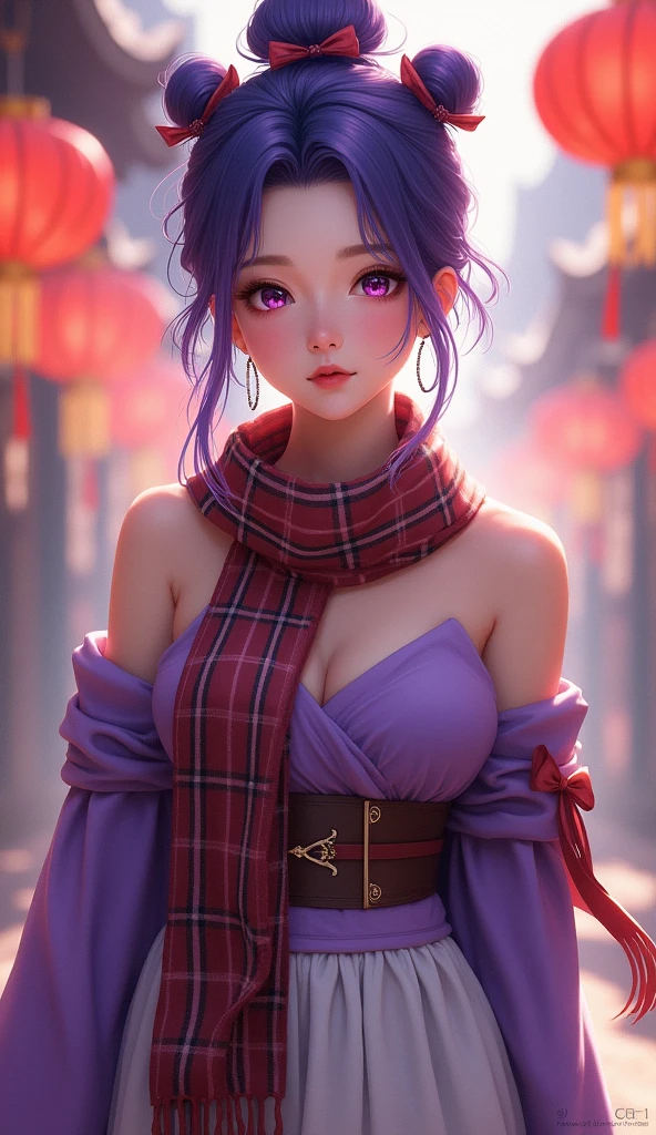 (Realistic painting style:0.9), masterpiece, best quality, absurdres, looking at viewer, solo, keqing (lantern rite) (genshin impact), keqing (genshin impact), hair bun, skirt, scarf, purple sweater, white skirt, purple hair, sweater, twintails, purple eyes, diamond-shaped pupils, hair ornament, bare shoulders, smile, breasts, cone hair bun, long hair, belt, double bun, long sleeves, bangs, bow, hair flower, hair bow,ribbon, hair ribbon, braid, plaid scarf, plaid, off shoulder