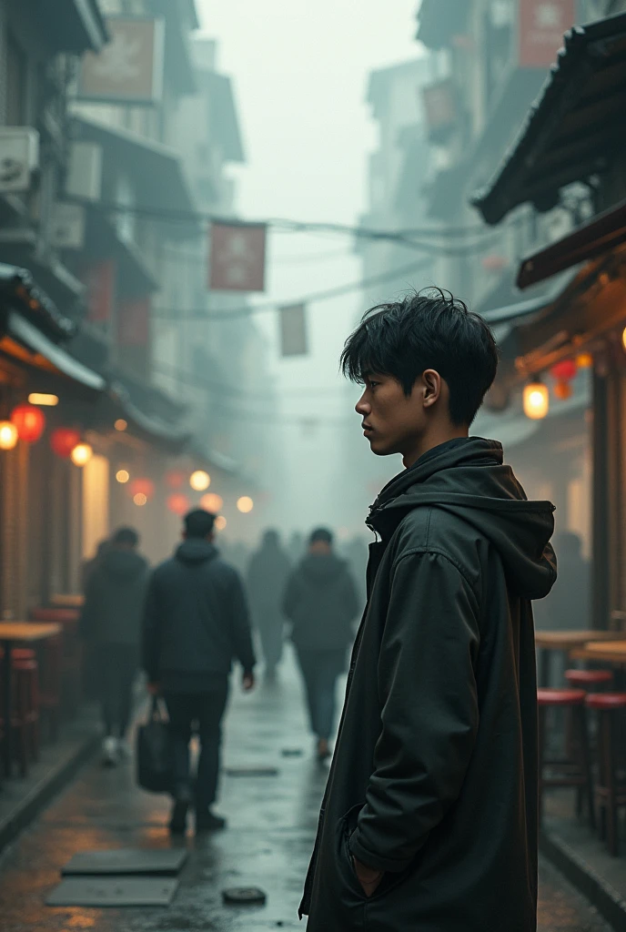 Young man from the side watching other people in their daily life who are working in the distance, this leaves him with a deep reflection that he has to make wise decisions
