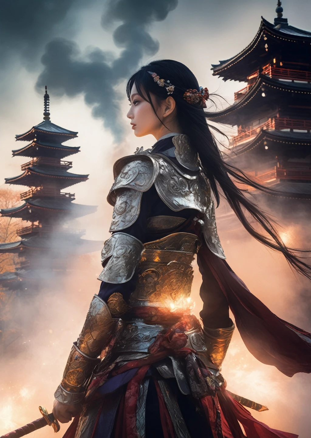 Mixing_Girls 1 girl , warrior, Japan, castle closeup
(surrounded by fog and smoke:1.1),(Dynamic smoke everywhere:1.4)
(best quality, masterpiece)
(Delicate skin, Glowing atmosphere, Fascinating light, Luminous lighting, Ethereal atmosphere, Fascinating light, Evocative shades, Attractive colors, dramatic lighting, Enchanting aura),
Ridiculous, High resolution, Super detailed,