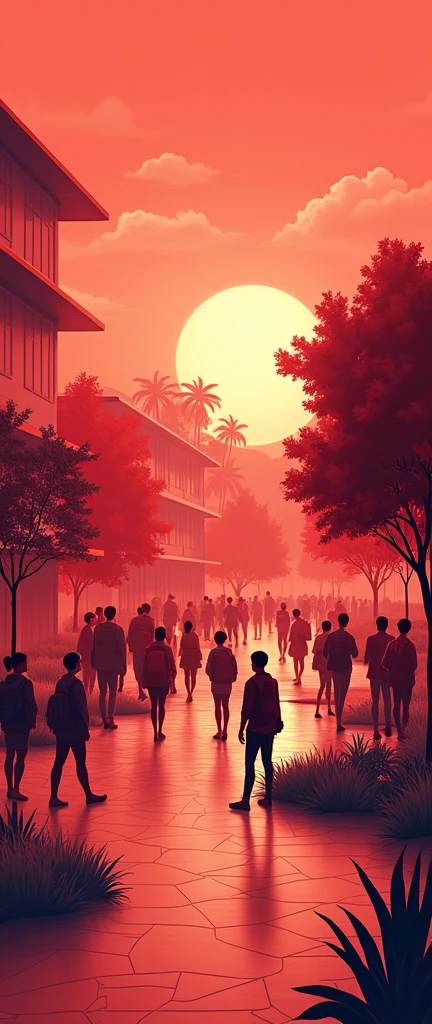 Design the background for a school form in which groups of students are seen and the predominant color is red.