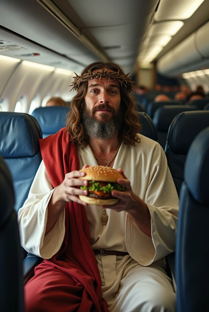jesus, inside the plane, Eating hamburger, glad
