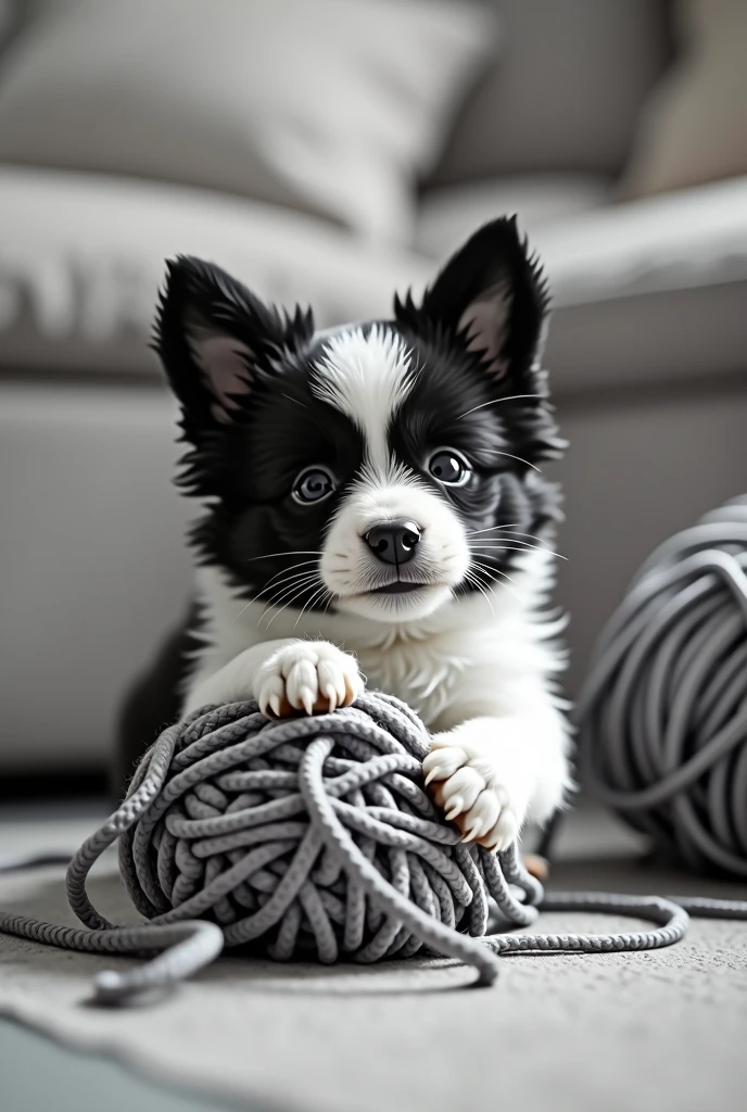 Black and white puppy playing with knitting wool