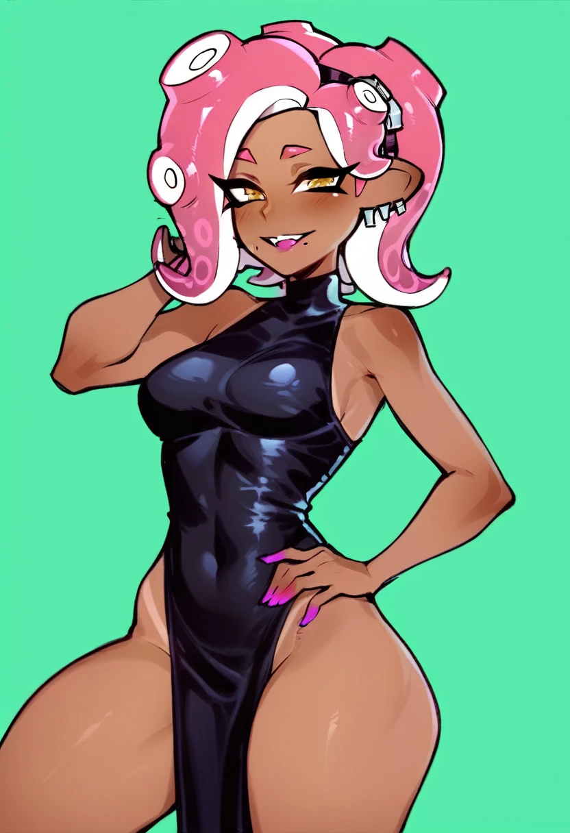 score_9, score_8_up. score_7_up, monkechrome,
score_9, monkechrome, 1girl, thick thighs, looking at viewer, perfect proportions, Splatoon, Octoling, Octoling woman, agent 8 from Splatoon: Octo-expansion, tentacle_hair, tan skin color, yellow eyes, pink hair, black dress, high-neck dress, pelvic curtain (bottom heavy body), hand on own hip, green background,
