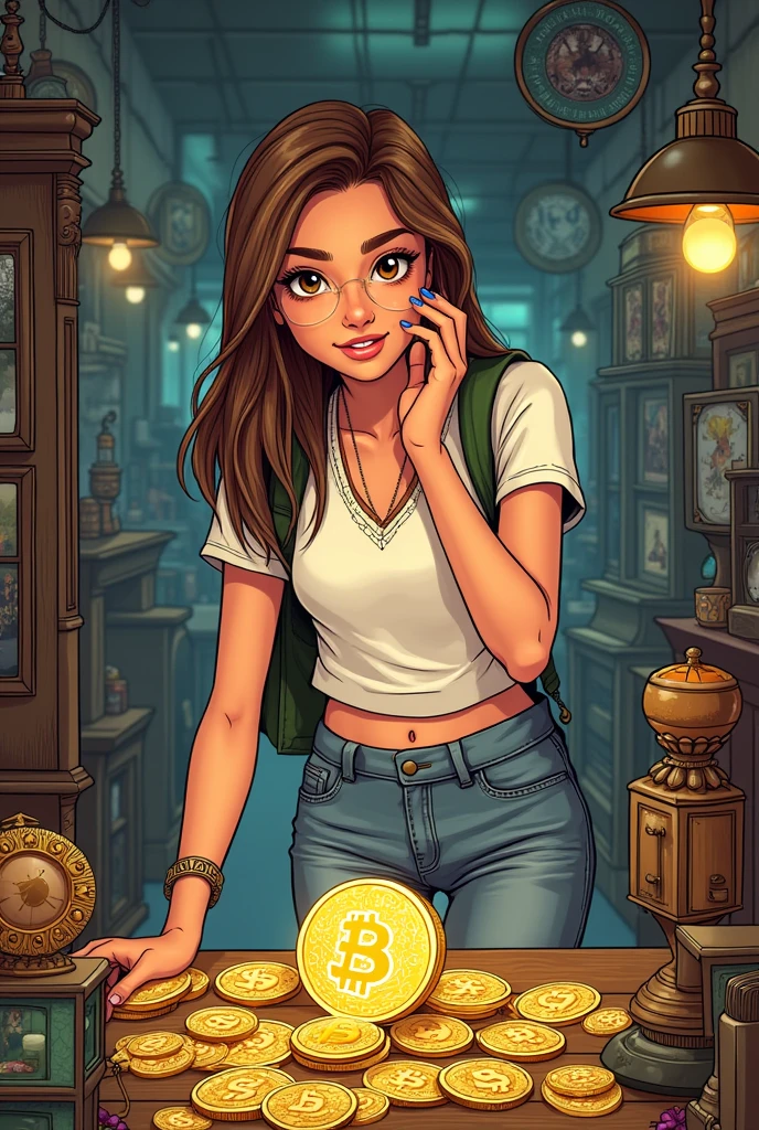 in cartoon drawing, has a young college girl going to an antique store, Now do it by taking a gold coin from the same girl
