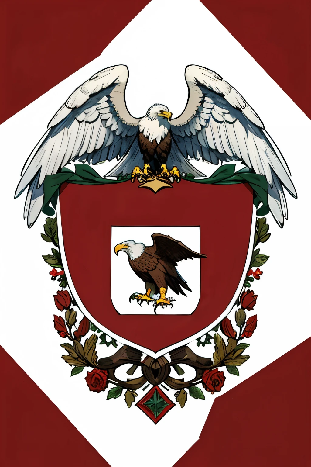 A shield-shaped coat of arms with a drawing of an eagle inside, Only with white and red colors.