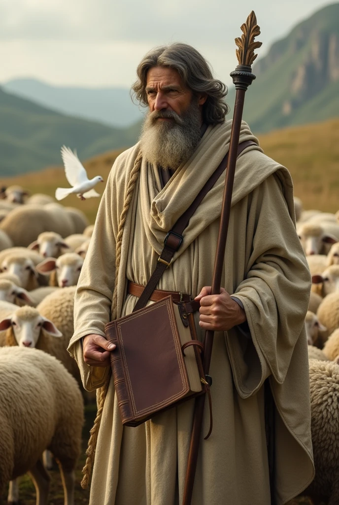 I need a shepherd whose face is not visible next to a flock of sheep and a white dove and a large bible.
