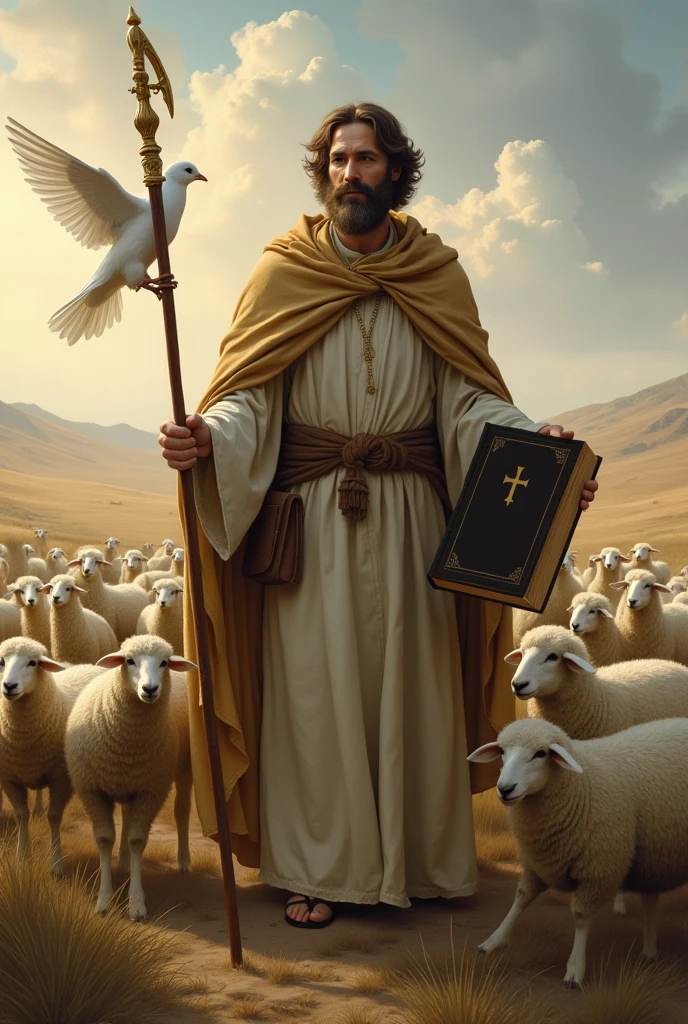 I need a shepherd whose face is not visible next to a flock of sheep and a white dove and a large bible. 