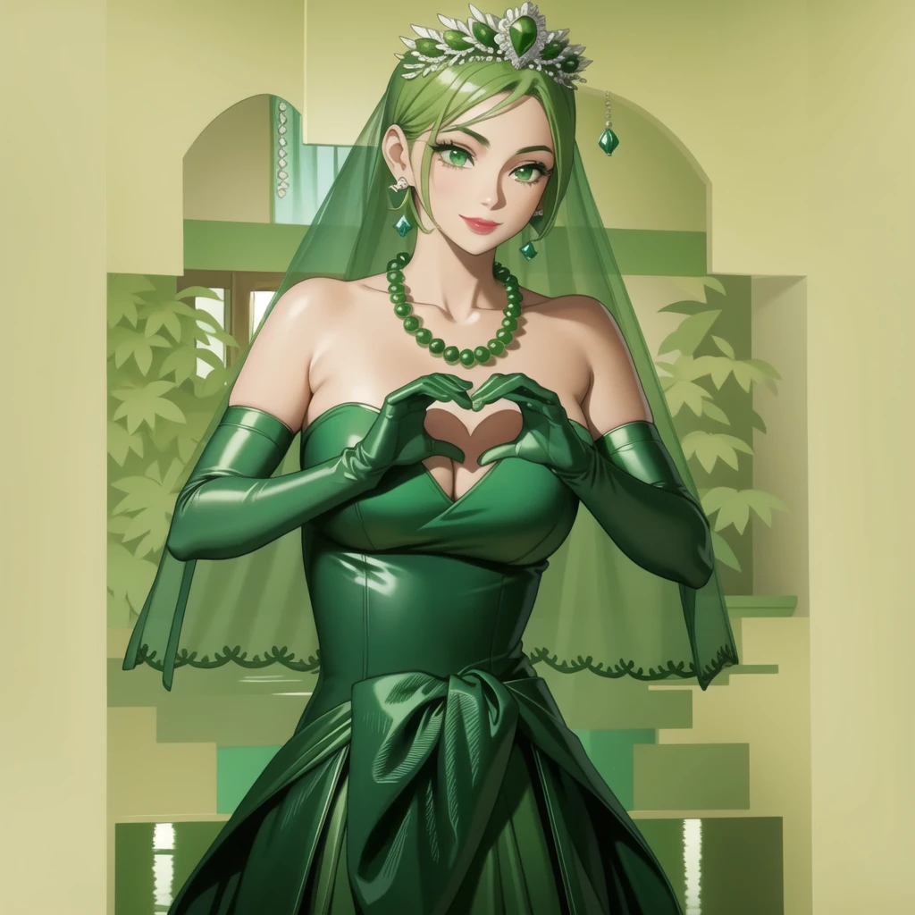 Emerald tiara, Green Pearl Necklace, ボーイッシュな非常に短いGreen Hair, Green Lips, Smiling Japanese woman, Very short hair, Busty beautiful lady, Green Eyes, Green satin long gloves, Green Eyes, Emerald Earrings, Green veil, Heart with both hands, Green Hair, Beautiful Japanese Woman, Heart shaped hands:1.3, green lip gloss