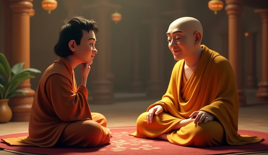 वसु ने बुद्ध से कहा, "भगवान, मैंने अपनी पूरी जिंदगी एक महिला को प्रेम किया।"**
- **छवि:** एक व्यक्ति (वसु) भावुक और चिंतित चेहरे के साथ बुद्ध के सामने बैठा है, अपने दिल की बातें साझा करता हुआ।
Cinematic cartoon 3d style