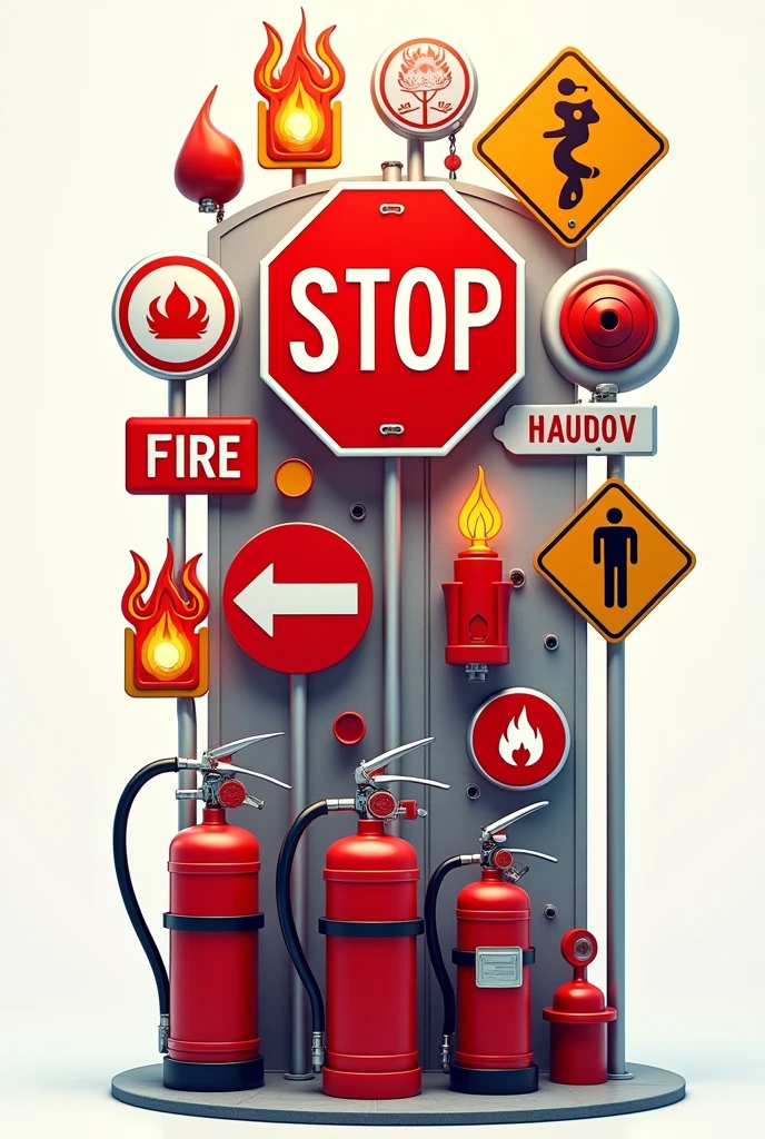 create an image that is half emergency signage and half fire prevention