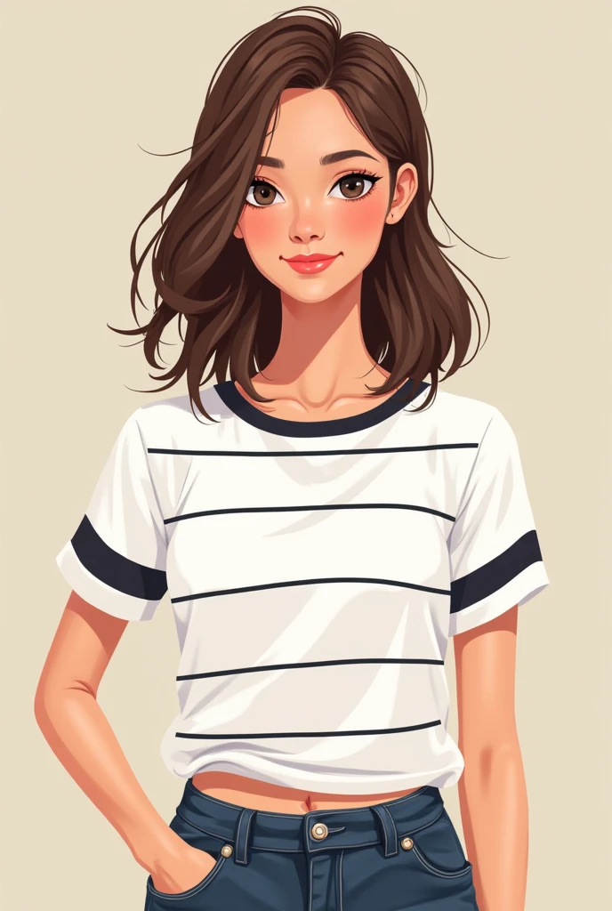 Woman blouse.white with black horizontal stripes medium long brown hair in cartoon 