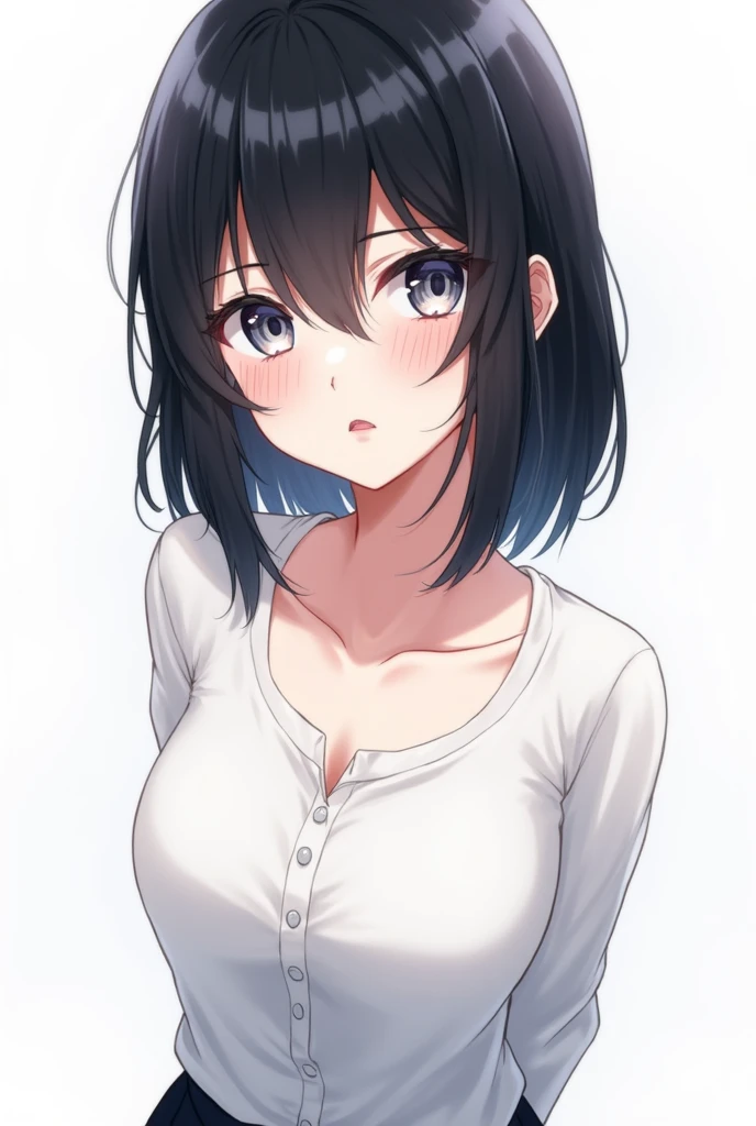 anime,(face),(beautiful detailed eyes), black hair,sliver eyes, masterpiece,looking at viewer, best_quality,white background,masterpiece,white shirt, arms behind back,  