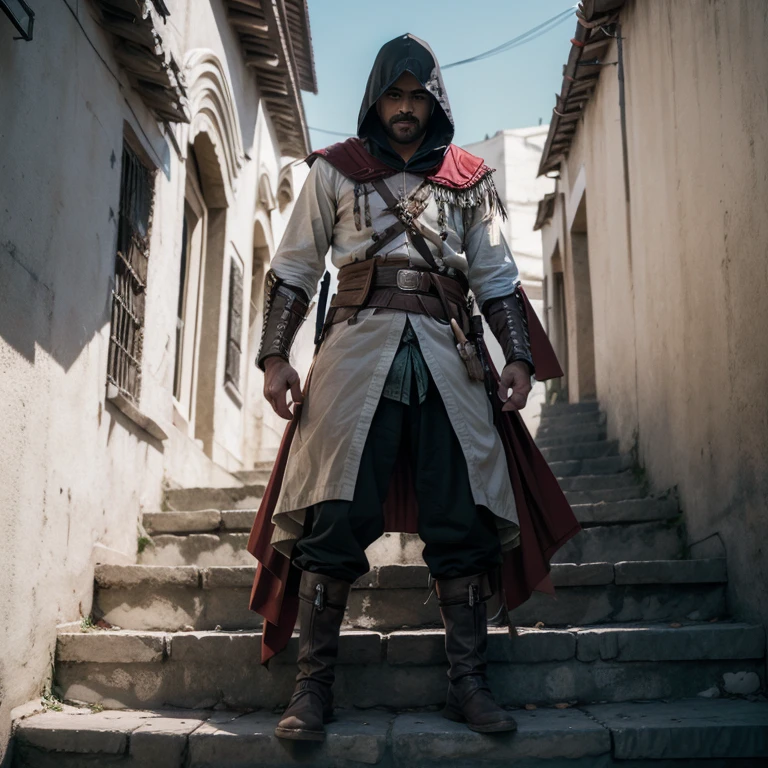 solo, 1boy, Pancho Villa with a mustache wearing a Mexican revolutionary outfit, long_sleeves, full_body, weapon, male_focus, boots, outdoors, day, belt, sword, pants, hood, cape, black_footwear, sash, bird, shaded_face, building, sheath, hood_up, sheathed, stairs, vambraces, weapon_on_back