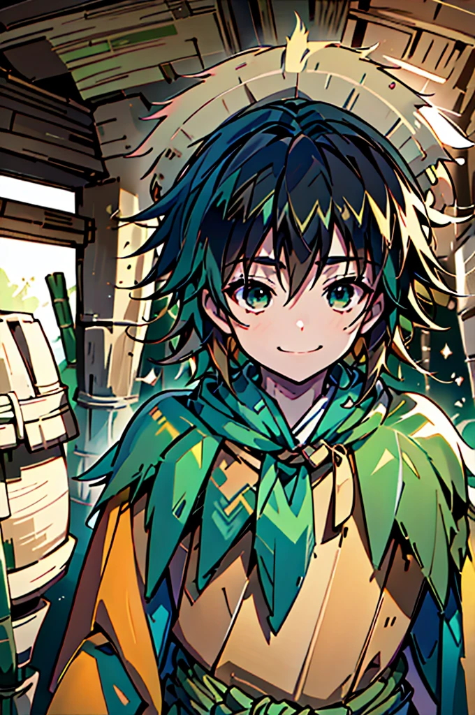 anime art style, insanely detailed, young orphan boy, hazel green eyes, straight hair, brown hair, midnight blue highlights in his hair, wearing a rough green and tan kimono, smiling and concentrating expression, holding a bamboo stick, sand blowing around, desert village setting