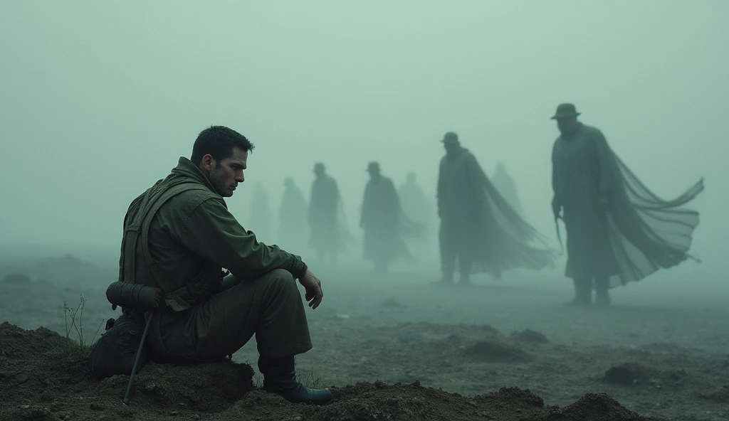 "Design an image of a soldier sitting on an empty battlefield, surrounded by ghostly figures or shadows representing his fallen comrades. The spectral figures float around him, symbolizing the memories of what he's lost. The atmosphere should feel dark and heavy, conveying the emotional burden the soldier carries after the battle."