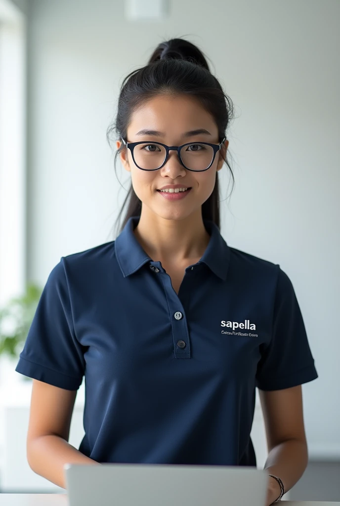 A woman teaching a tutorial in a white room wearing glasses and a ponytail, with a navy blue blouse and with the name written on the right side of the chest "Sapelba"
If possible, leave her facing forward and have black hair., and the blouse is Polo.
