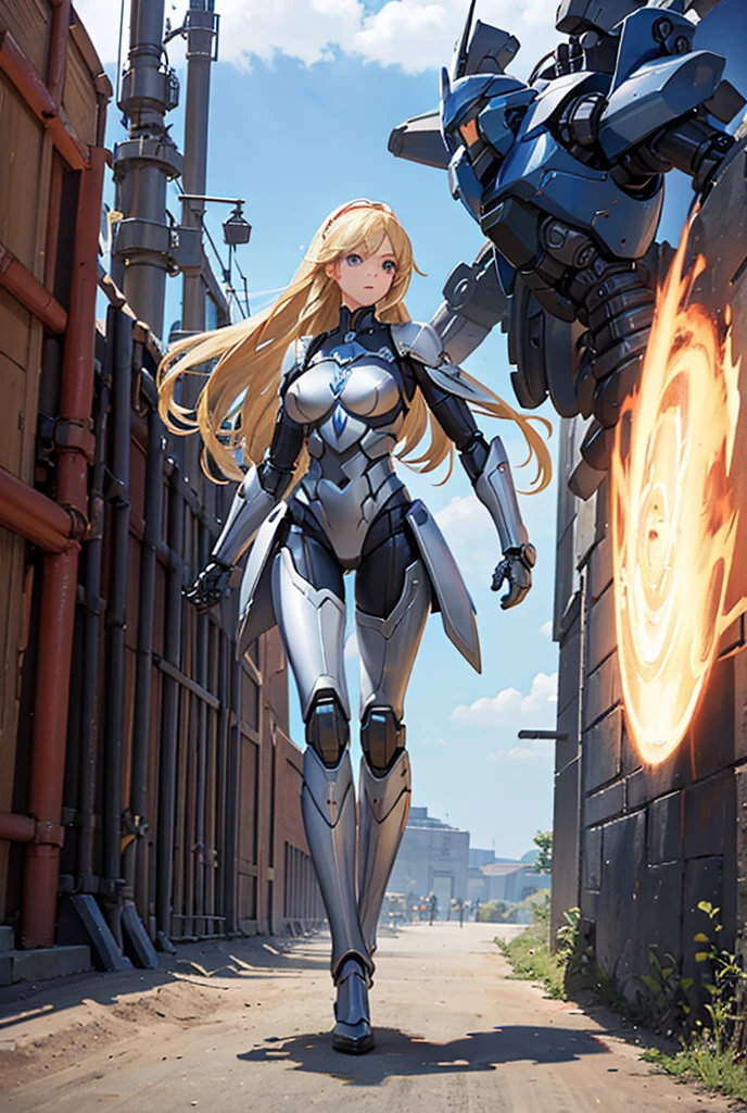 Masterpiece, Best Quality, Detail, A beautiful superheroine small breasts long blonde hair blue eyes she fights against a giant robot action full body the superheroine and the robot are the same size
