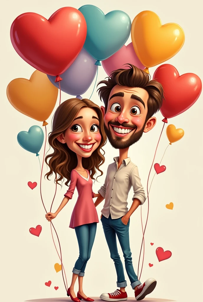 a cartoon couple with balloons and a heart shaped balloon, caricature illustration, caricature style, very realistic, caricature!!!, very very realistic, happy, added detail, in cartoon style, caricatural, grand!, wow!, caricature, sweet, wow, charicature, happy couple, very very very realistic, cartoon art, also very detailed, very wow, vd