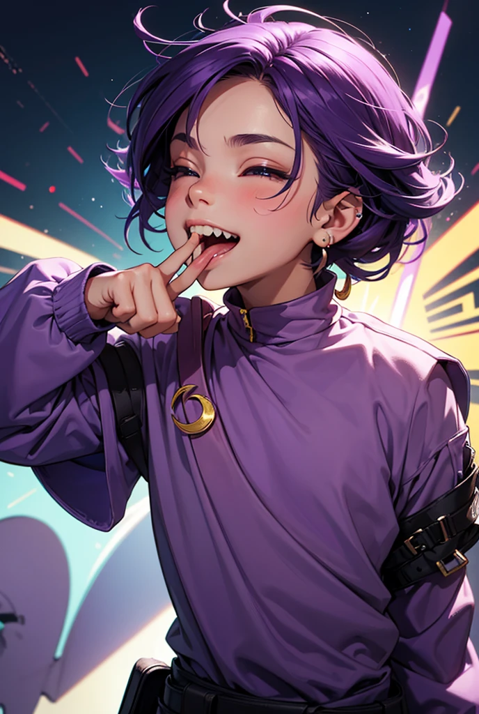 male ,child ,High accuracy, precise, Great job, ??????? is correct, Get prizes multiple times, Best quality, Explosions, Hair covering the eyes, Purple hair, Crescent shaped ear rings, I smile, sharp teeth, licking lips, male, child