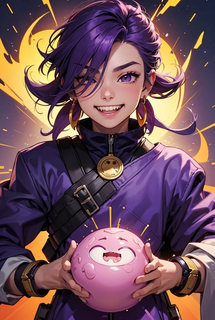 male ,child ,High accuracy, precise, Great job, Anatomy is correct, Get prizes multiple times, Best quality, Explosions, Hair covering the eyes, Purple hair, Crescent shaped ear rings, I smile, sharp teeth, licking lips, male, child