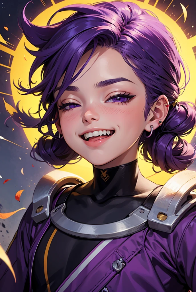 male ,child ,High accuracy, precise, Great job, Anatomy is correct, Get prizes multiple times, Best quality, Explosions, Hair covering the eyes, Purple hair, Crescent shaped ear rings, I smile, sharp teeth, licking lips, male, child