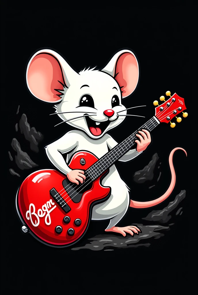 Make an image of a white mouse playing a red guitar and the black background has to be cartoonish and a little scary and make it as if it were a rock logo and on the guitar it has to say beggarous
