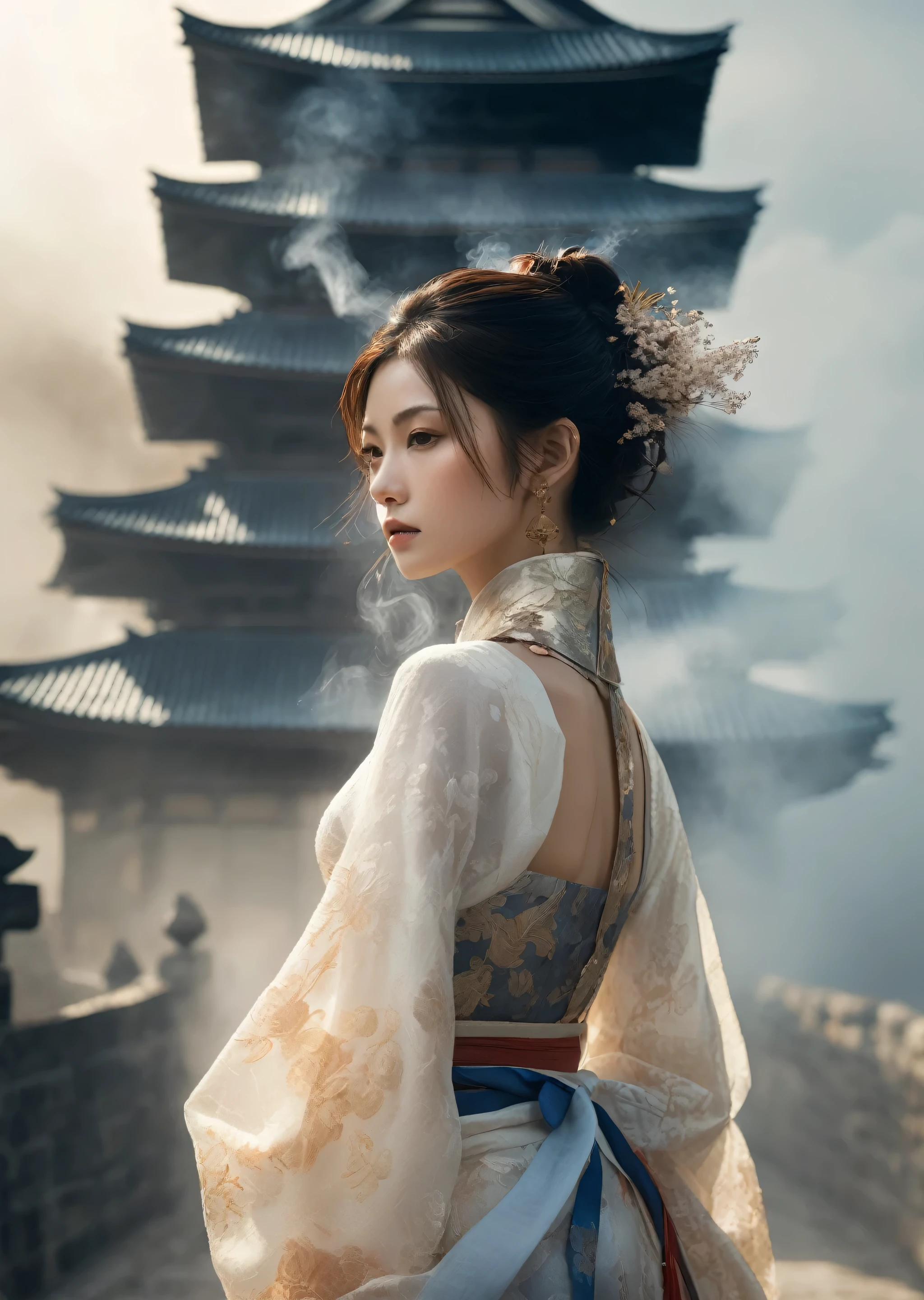 Mixing_Girls 1 girl , warrior, Japan, castle closeup
(surrounded by fog and smoke:1.1),(Dynamic smoke everywhere:1.4)
(best quality, masterpiece)
(Delicate skin, Glowing atmosphere, Fascinating light, Luminous lighting, Ethereal atmosphere, Fascinating light, Evocative shades, Attractive colors, dramatic lighting, Enchanting aura),
Ridiculous, High resolution, Super detailed,