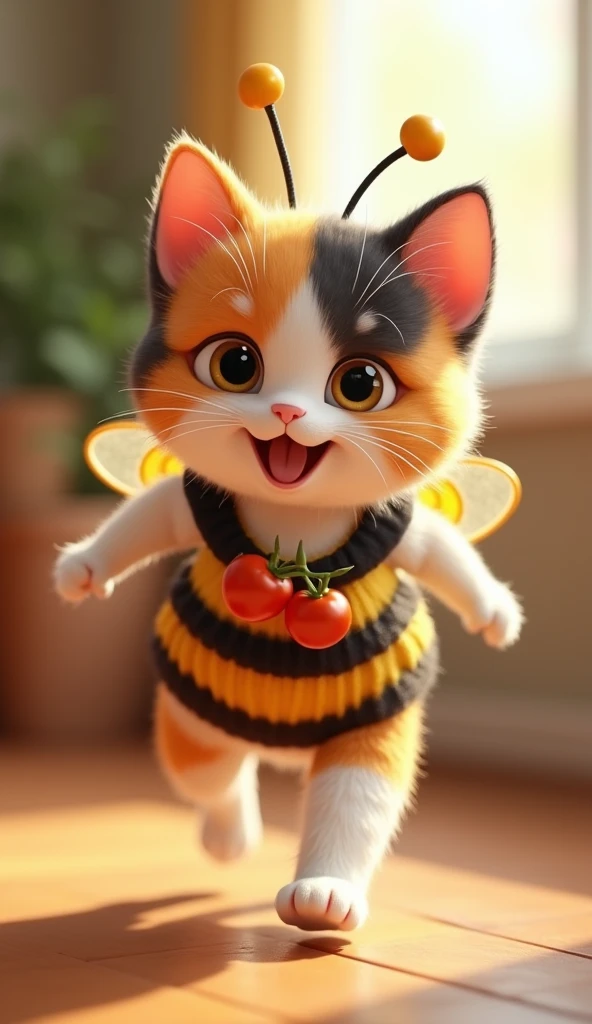 3D cute calico cat character、Wearing a happy bee costume、running、Inside the house、masterpiece, Background Blur, shut up., Belt decorated with tomatoes、Highest quality,