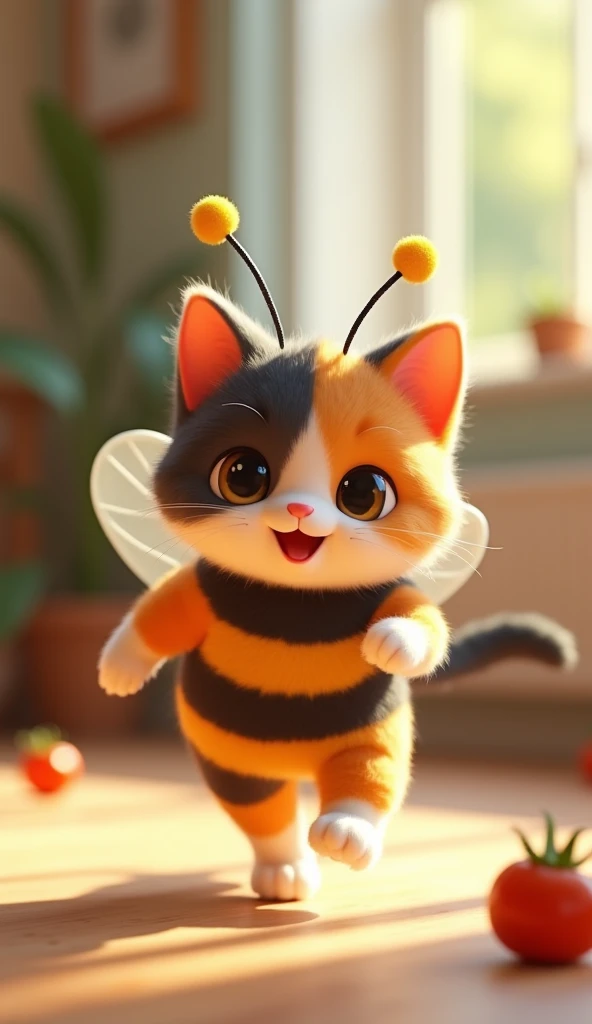 3D cute calico cat character、Wearing a happy bee costume、running、Inside the house､masterpiece, Background Blur, shut up., Belt decorated with tomatoes、Highest quality, 