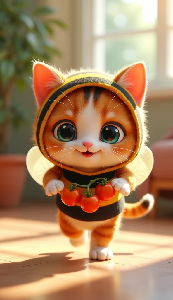 3D cute calico cat character、Wearing a happy bee costume、running、Inside the house、masterpiece, Background Blur, shut up., Belt decorated with tomatoes、Highest quality,