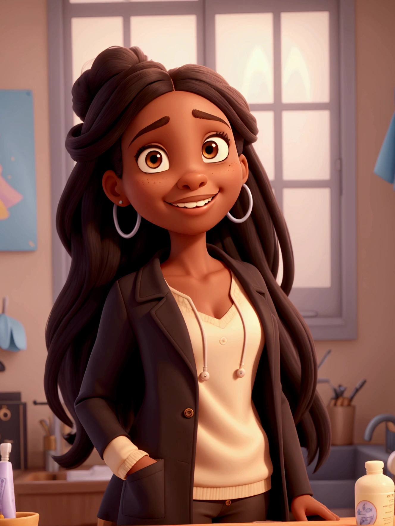 black woman, 3, dentist coat, long straight hair, brown eyes, disney pixar style