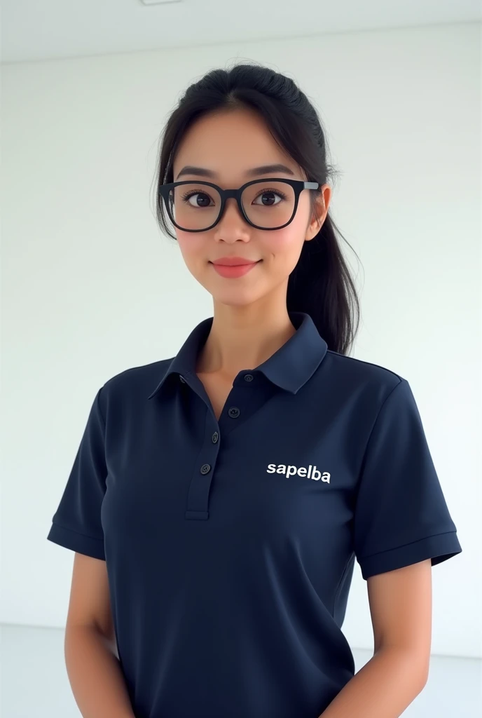 A woman teaching a tutorial in a white room wearing glasses and a ponytail, with a navy blue blouse and with the name written on the right side of the chest "Sapelba"
If possible, leave her facing forward and have black hair., and the blouse is Polo.
a Brazilian woman!