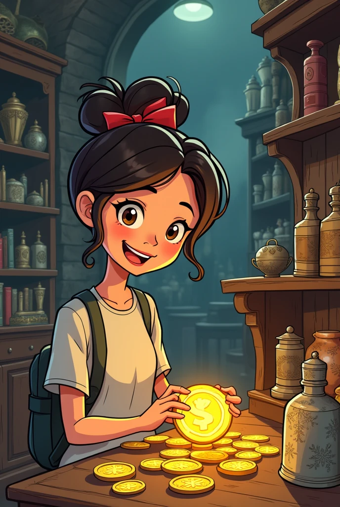 in cartoon drawing, has a young college girl picking up a gold coin in an antique shop

