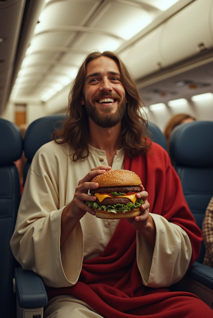 jesus, inside the plane, Eating hamburger, very happy