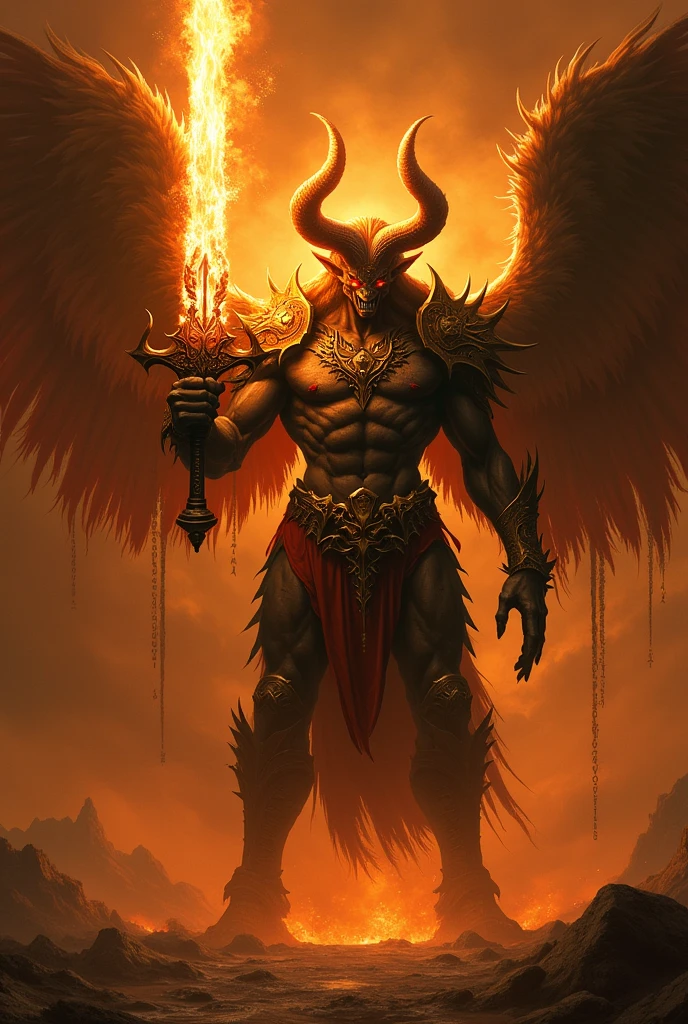 Demon-like archangel with a sword on fire. Fond sombre et orangé