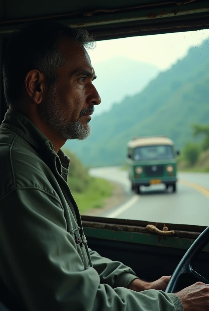 cinematic, photorealistic film poster of a cinematic, photorealistic film poster of a man in his 30’s wearing middle class track suit, driving an old maruti Van, side face profile mid shot, outskirts of Darjeeling