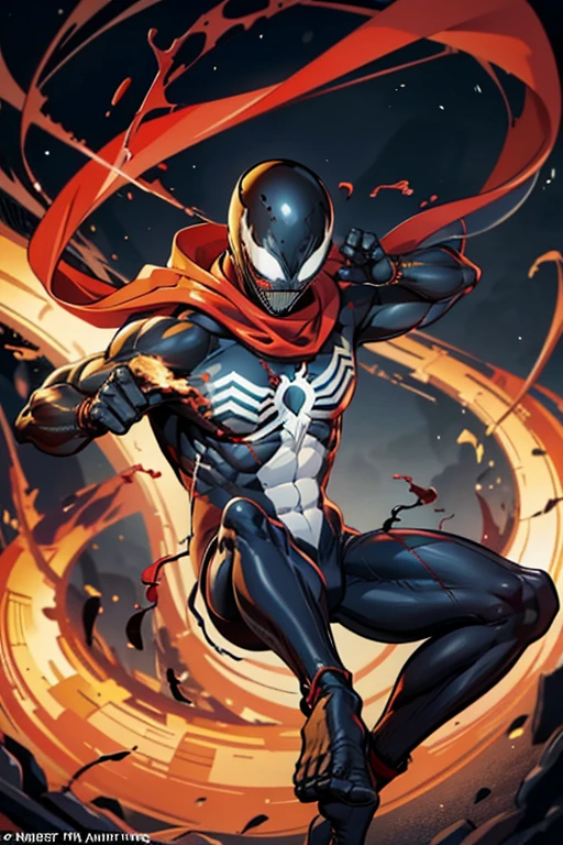 He wears a traditional ninja outfit, predominantly black, adorned with subtle red accents that symbolize the influence of the symbiote that accompanies him. The fabric is light and flexible, allowing him to move with impressive agility and utilize his combat skills with complete freedom. The nine tails that extend behind him swing gracefully, each movement reflecting his dexterity and power. His figure is that of an attractive young man, endowed with an athletic physique and fair skin that shines in the sunlight. His long, silky hair flows like water; usually black or deep brown, but reveals reddish or golden hues when illuminated by sunlight. To complement his elegant and agile appearance, he wears a light overcoat or kimono that flows around him as he moves, giving him a mystical and powerful aura. He has a red scarf that covers his face because of the influence of the symbiote.