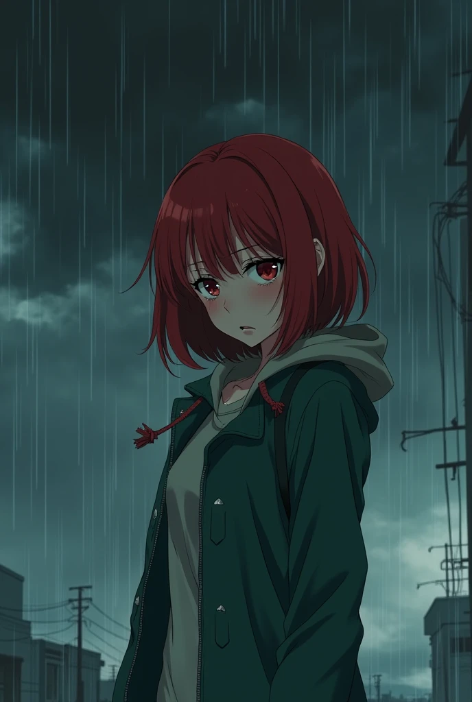 Beautiful young anime style red hair. Red eyes on shoulders sad in the rain, A black cloud follows her over her. Environment of everything going wrong. she cries. He wears a green jacket.
