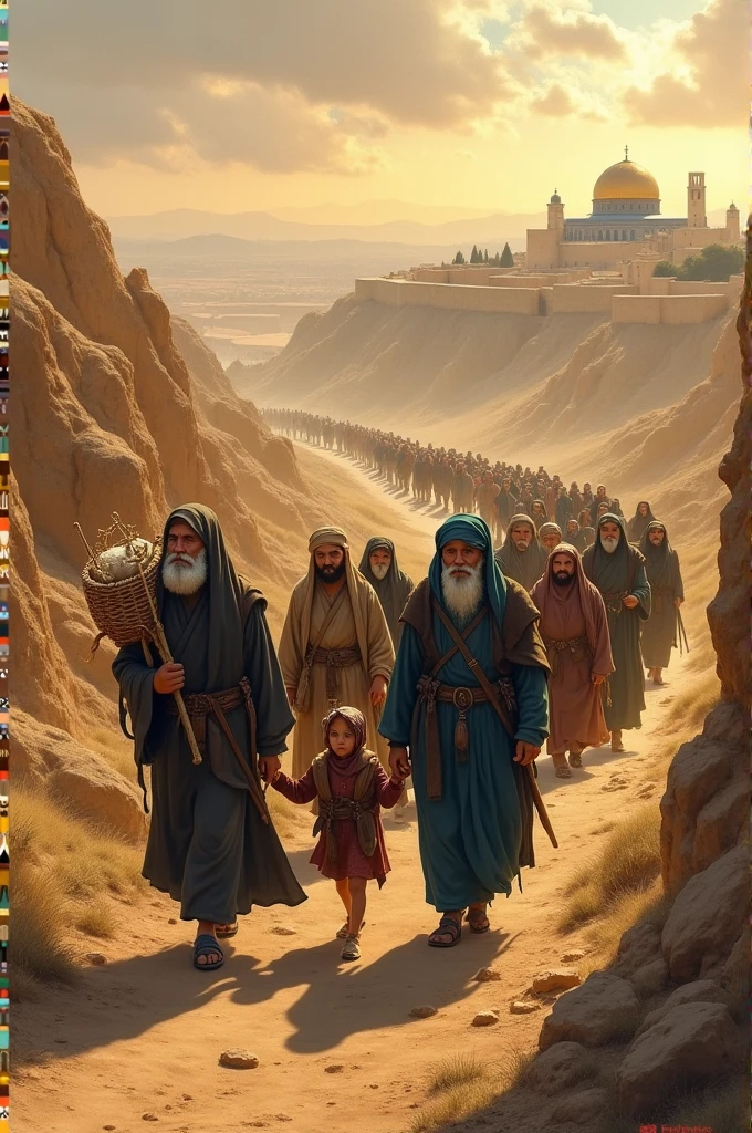 A caravan of Jewish exiles walking towards Jerusalem.