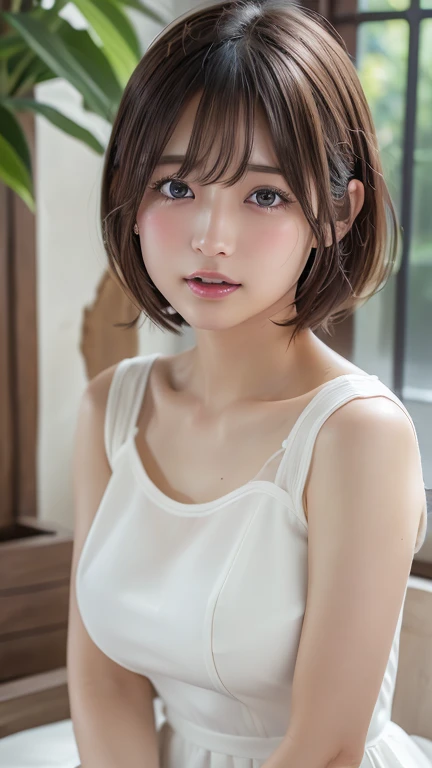 (8k, Photorealistic, RAW Photos, Best image quality: 1.4), Japanese girl、Short Bob、Super detailed face、Eye on the details、double eyelid、Sharp focus:1.2、Beautiful woman:1.4、Light brown hair、Highest quality、masterpiece、Ultra-high resolution、(Photorealistic:1.4)、Highly detailed and professionally lit smiles、(White dress:1.5)、blush、Open your mouth a little、Watery eye、amount、erect nipples、Thighs