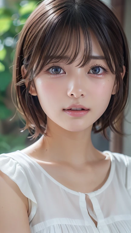 (8k, Photorealistic, RAW Photos, Best image quality: 1.4), Japanese schoolgirl、Short Bob、Super detailed face、Eye on the details、double eyelid、Sharp focus:1.2、Beautiful woman:1.4、Light brown hair、Highest quality、masterpiece、Ultra-high resolution、(Photorealistic:1.4)、Highly detailed and professionally lit smiles、(White dress:1.5)、blush、Open your mouth a little、Watery eye、amount、erect nipples、Thighs