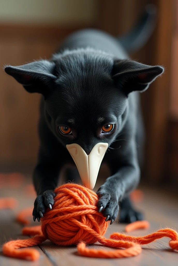 Black dog with white beak playing with knitting wool